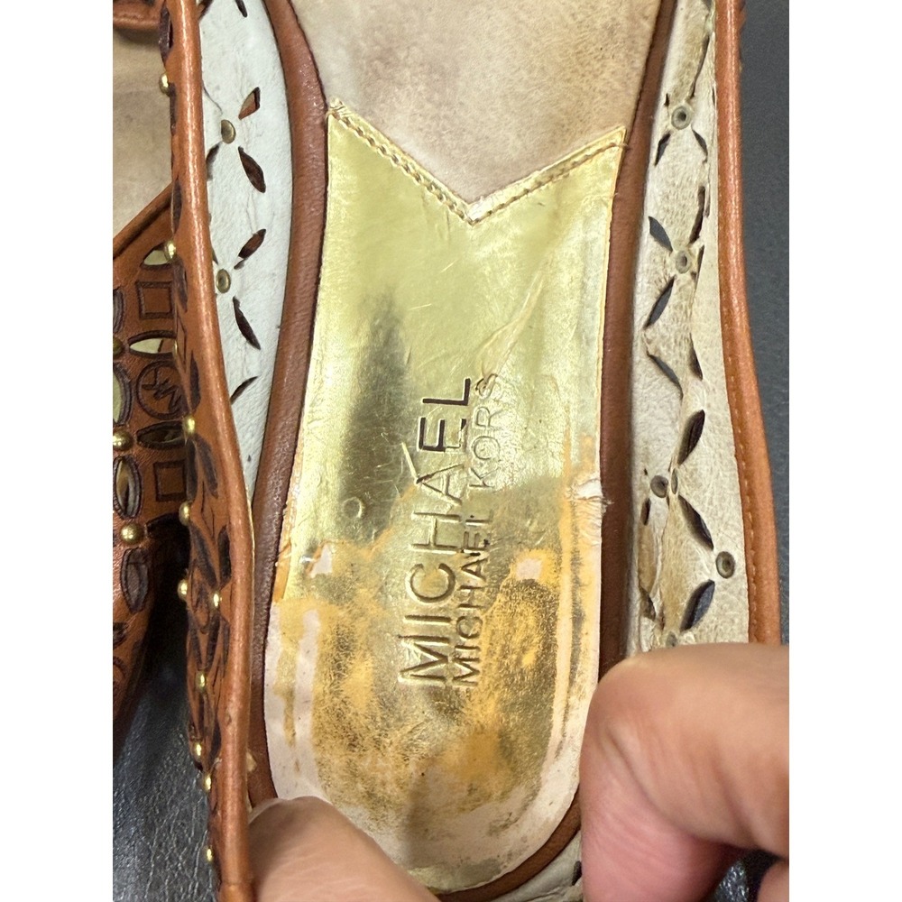 Michael Michael Kors Brown Leather Laser Cut Studded Loafers Flats Brown Gold - Picture 2 of 4